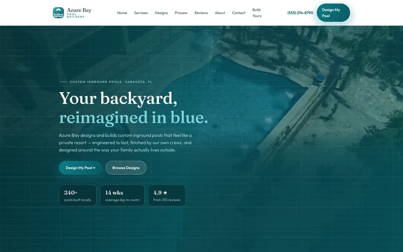 Azure Bay Pool Builders demo homepage header — “Your backyard, reimagined in blue.”