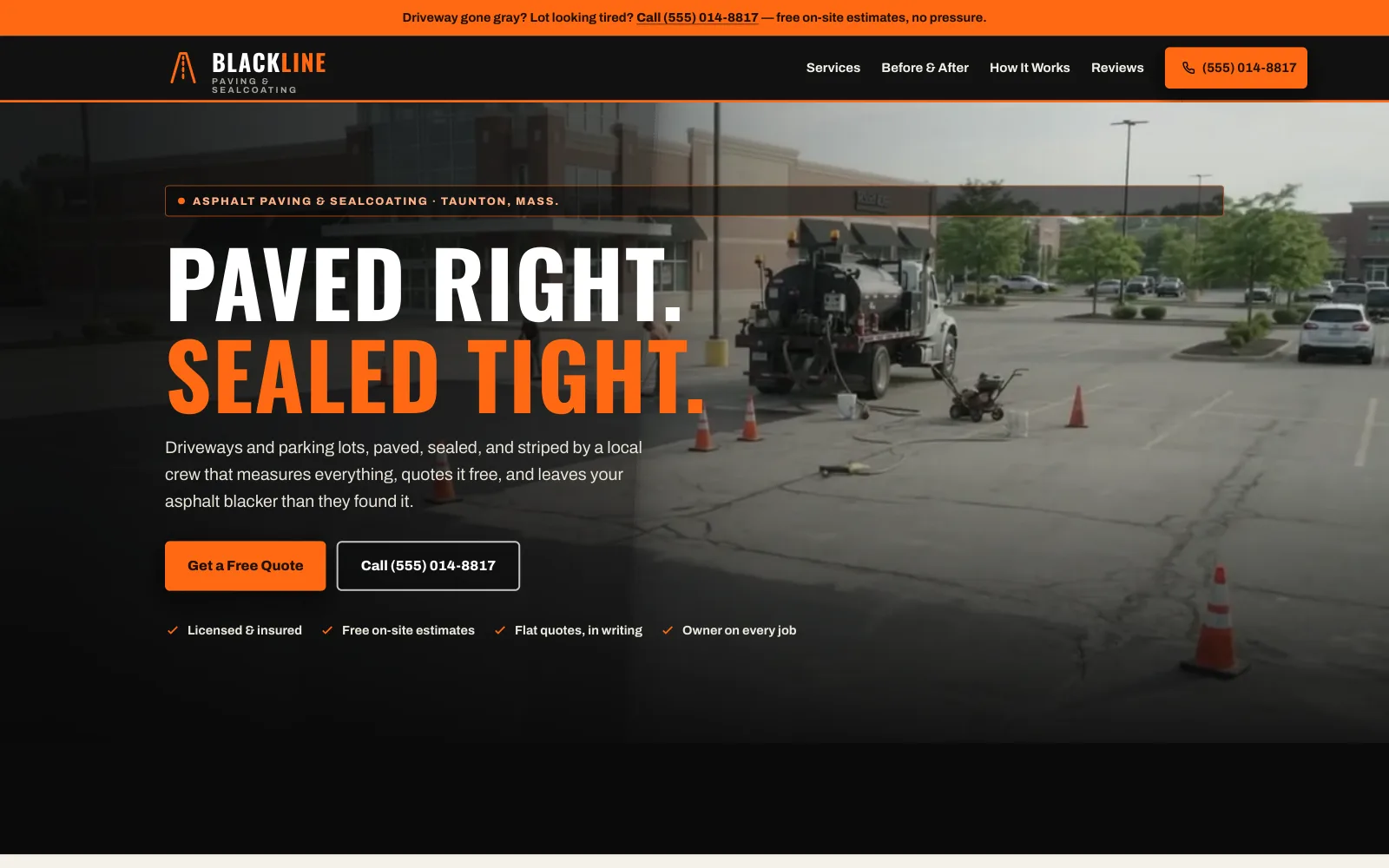 Blackline Paving & Sealcoating demo homepage header — “Paved right. Sealed tight.”