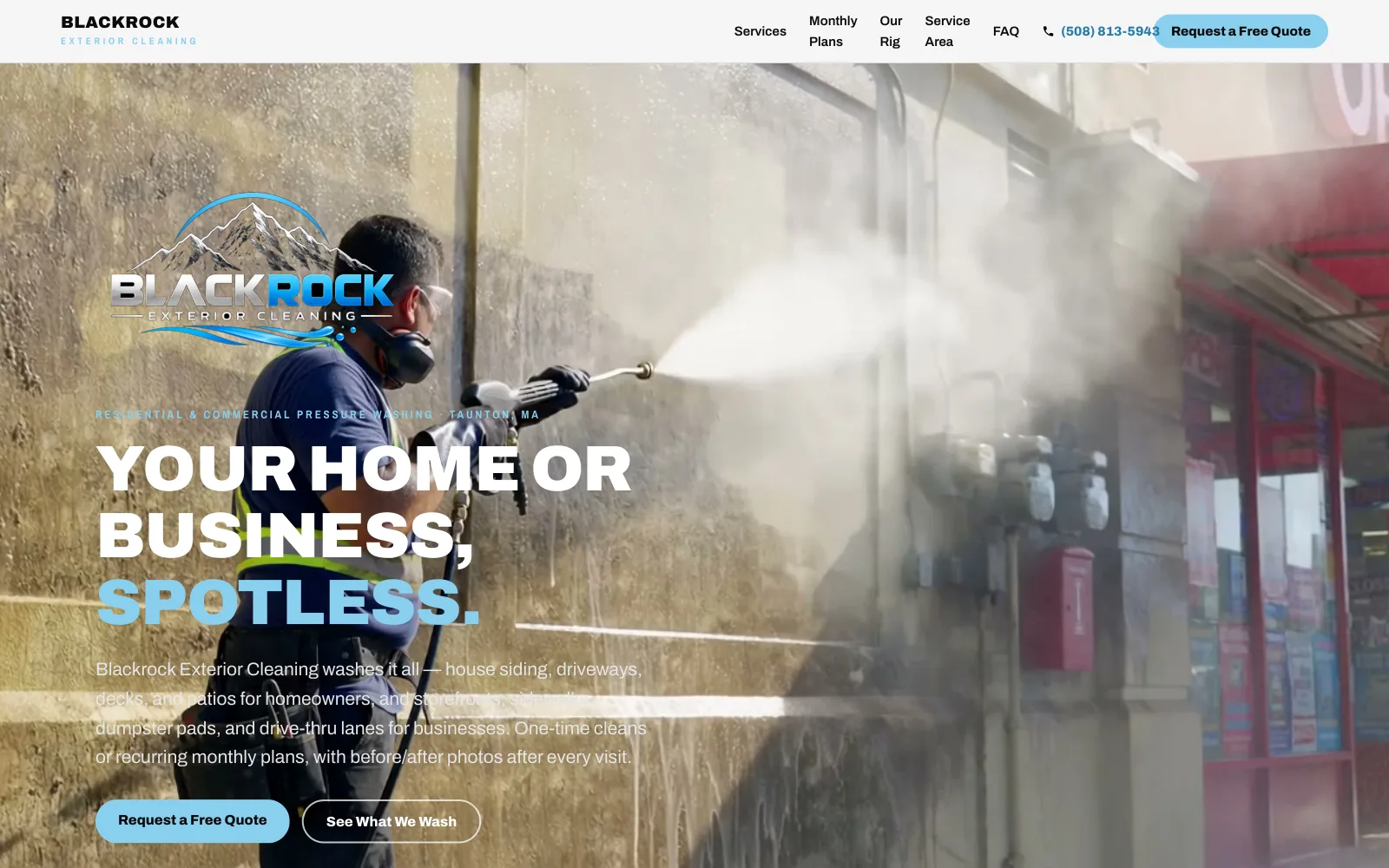Blackrock Exterior Cleaning website homepage header — “Your home or business, spotless.”
