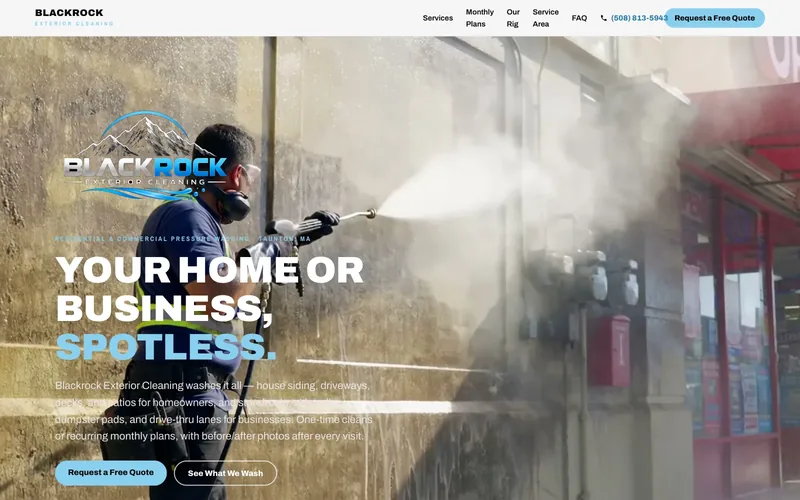 Blackrock Exterior Cleaning website homepage header — “Your home or business, spotless.”