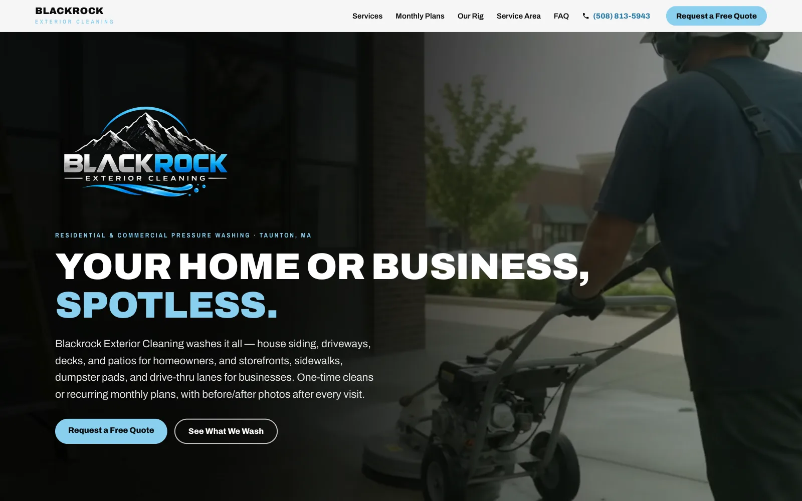 Blackrock Exterior Cleaning website homepage header — “Your home or business, spotless.”