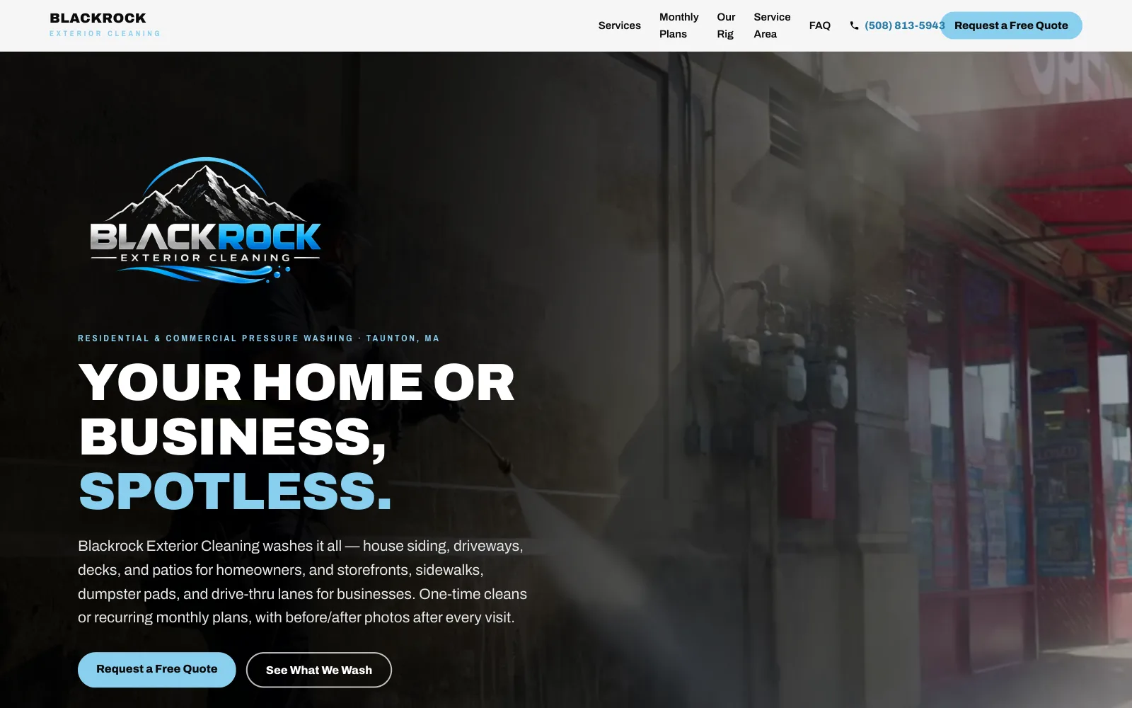 Blackrock Exterior Cleaning website homepage header — “Your home or business, spotless.”