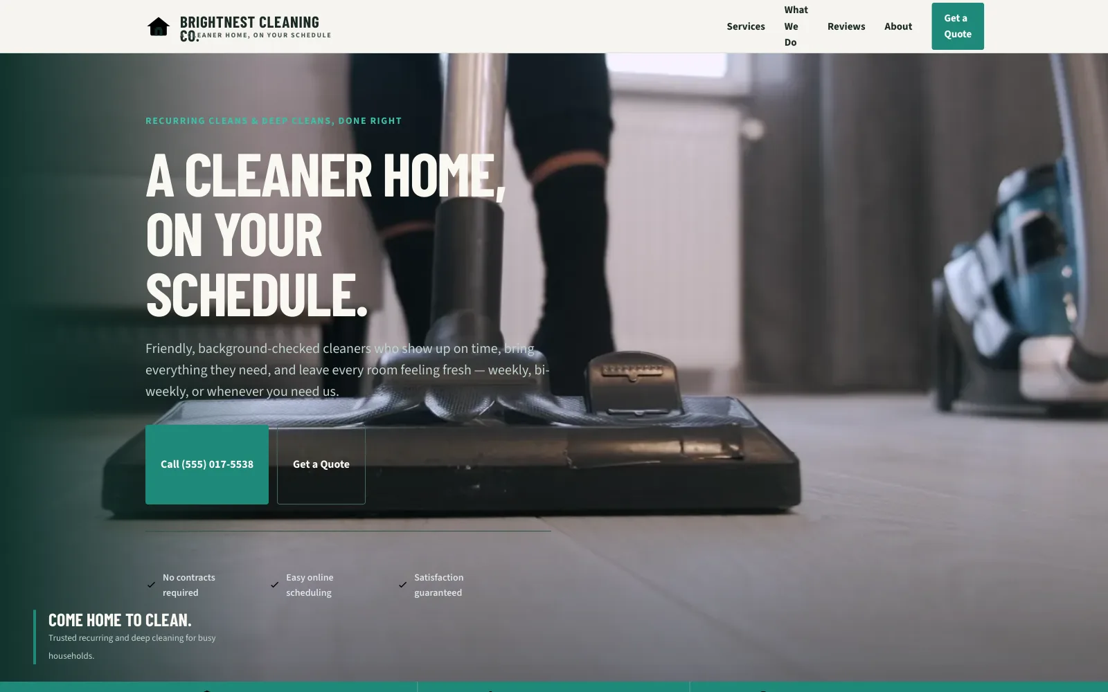 BrightNest Cleaning Co. demo homepage header — “A Cleaner Home, On Your Schedule.”