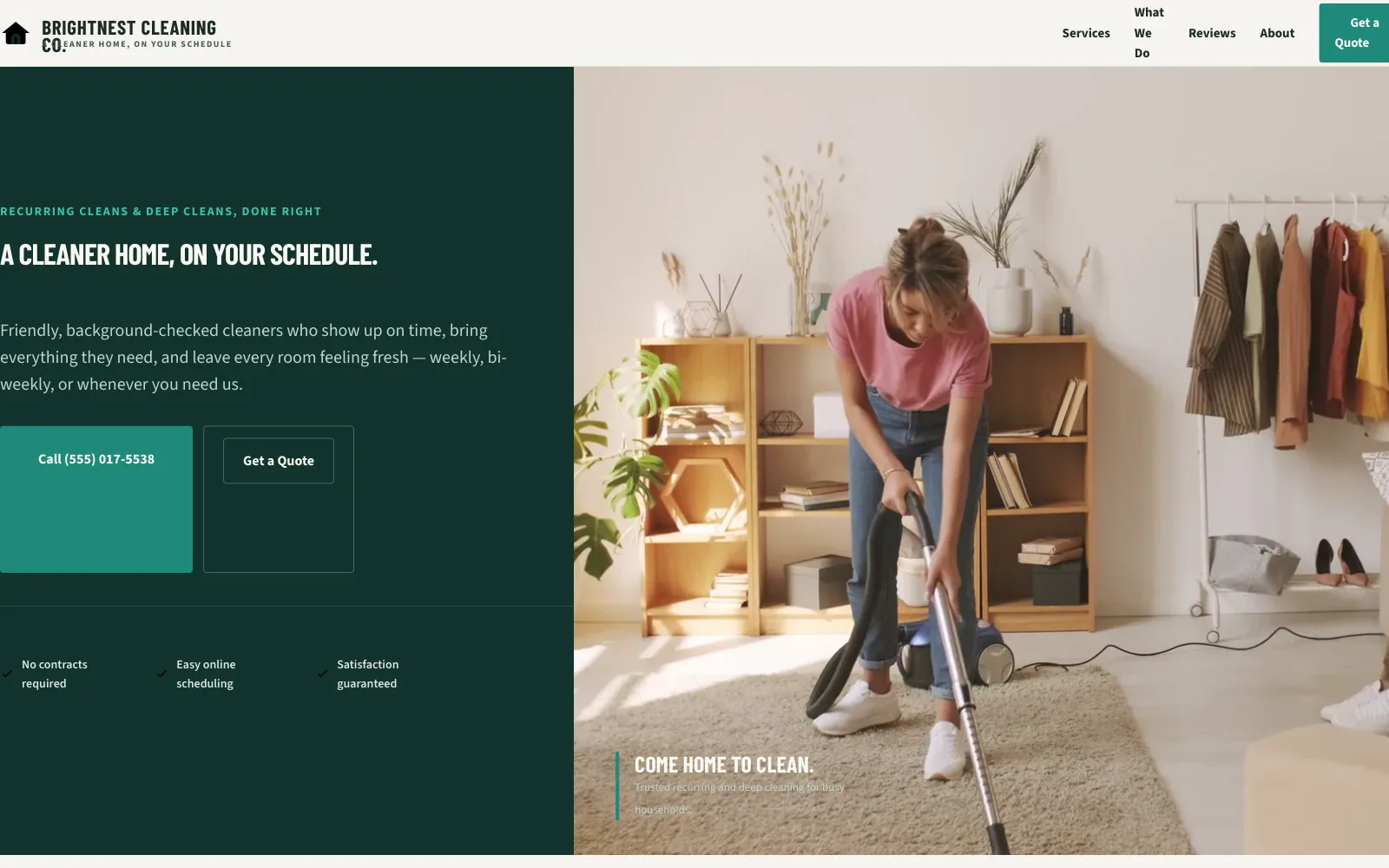 BrightNest Cleaning Co. demo homepage header — “A Cleaner Home, On Your Schedule.”