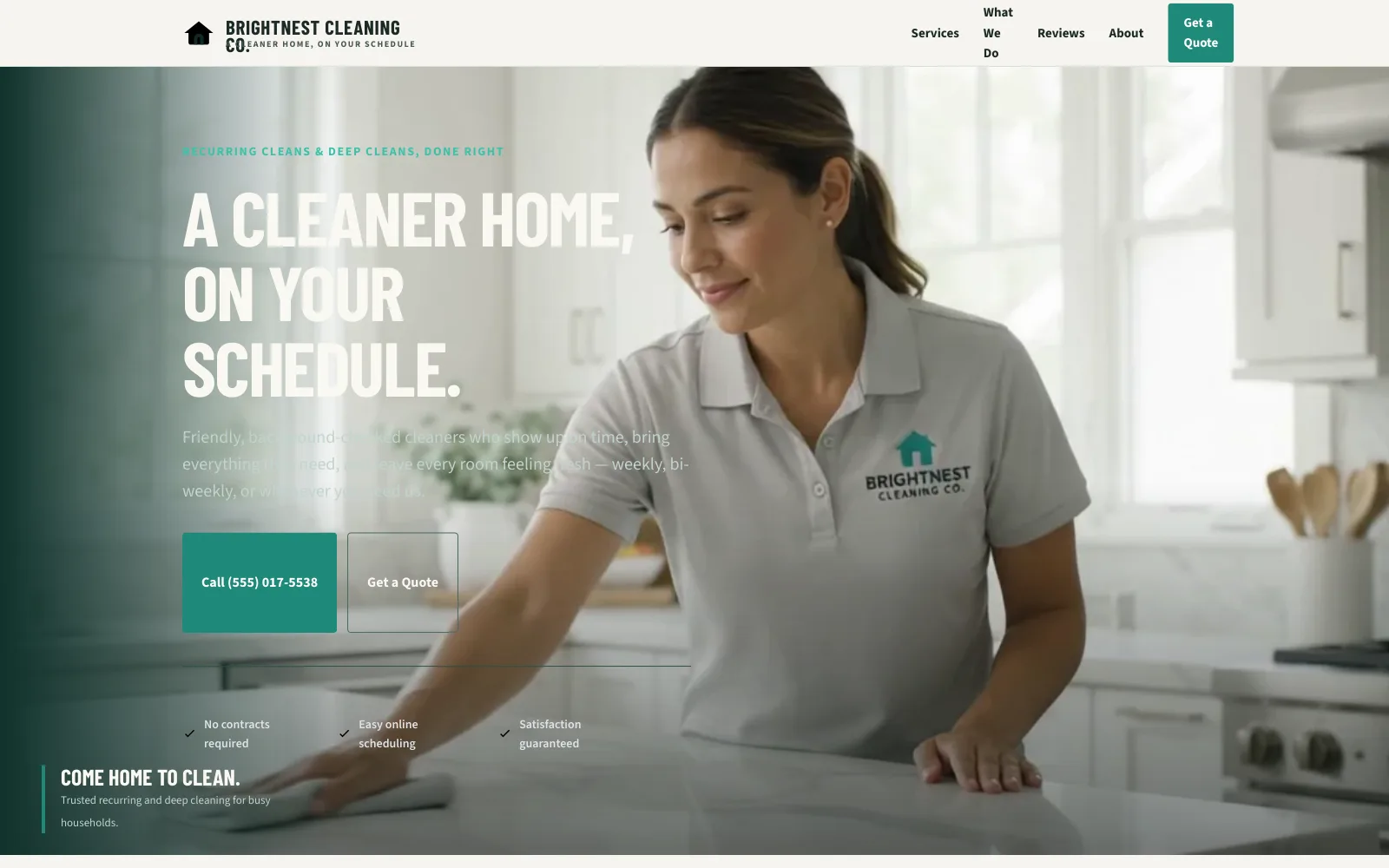 BrightNest Cleaning Co. demo homepage header — “A Cleaner Home, On Your Schedule.”