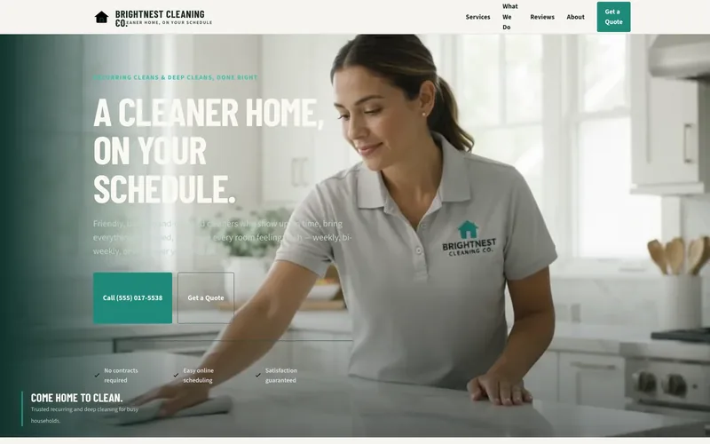BrightNest Cleaning Co. demo homepage header — “A Cleaner Home, On Your Schedule.”