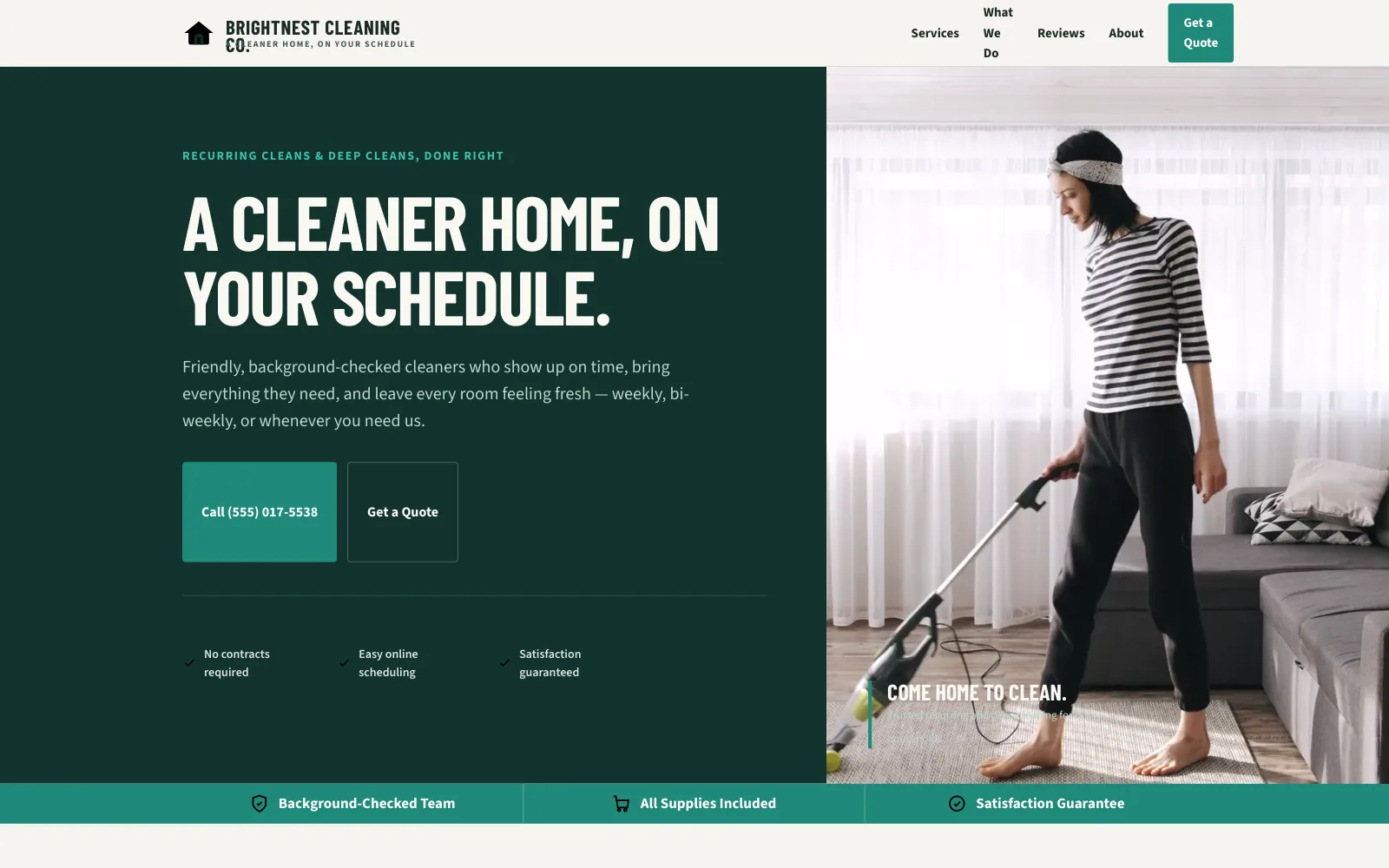 BrightNest Cleaning Co. demo homepage header — “A Cleaner Home, On Your Schedule.”