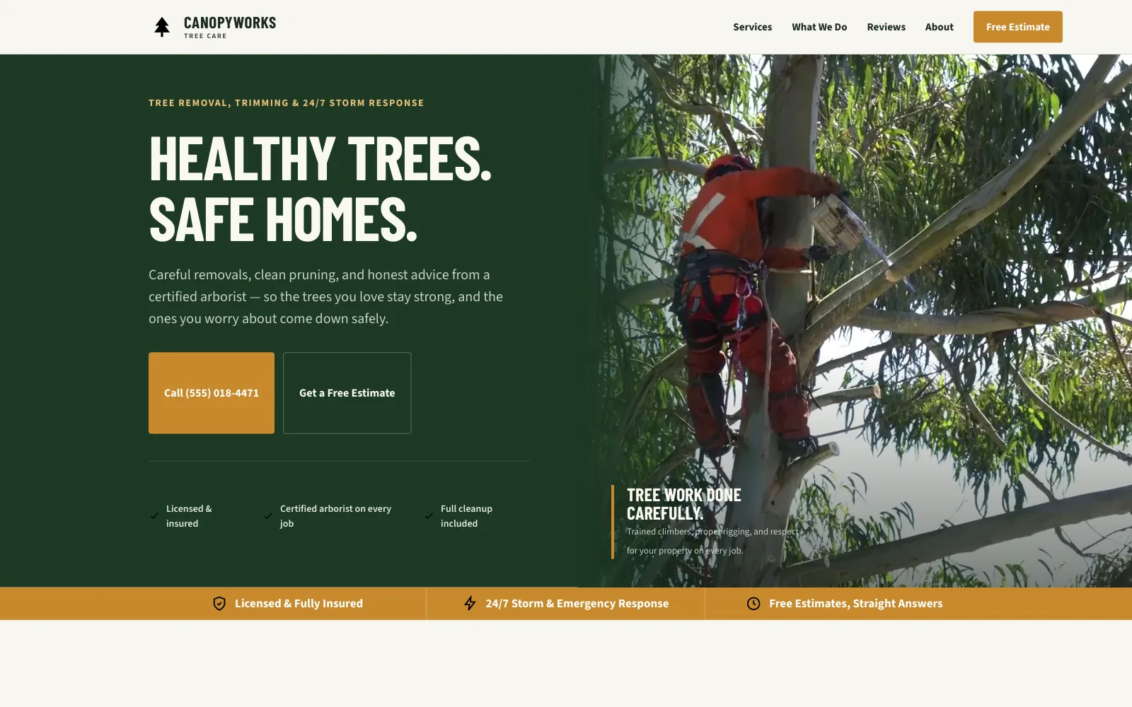 CanopyWorks Tree Care demo homepage header — “Healthy Trees. Safe Homes.”