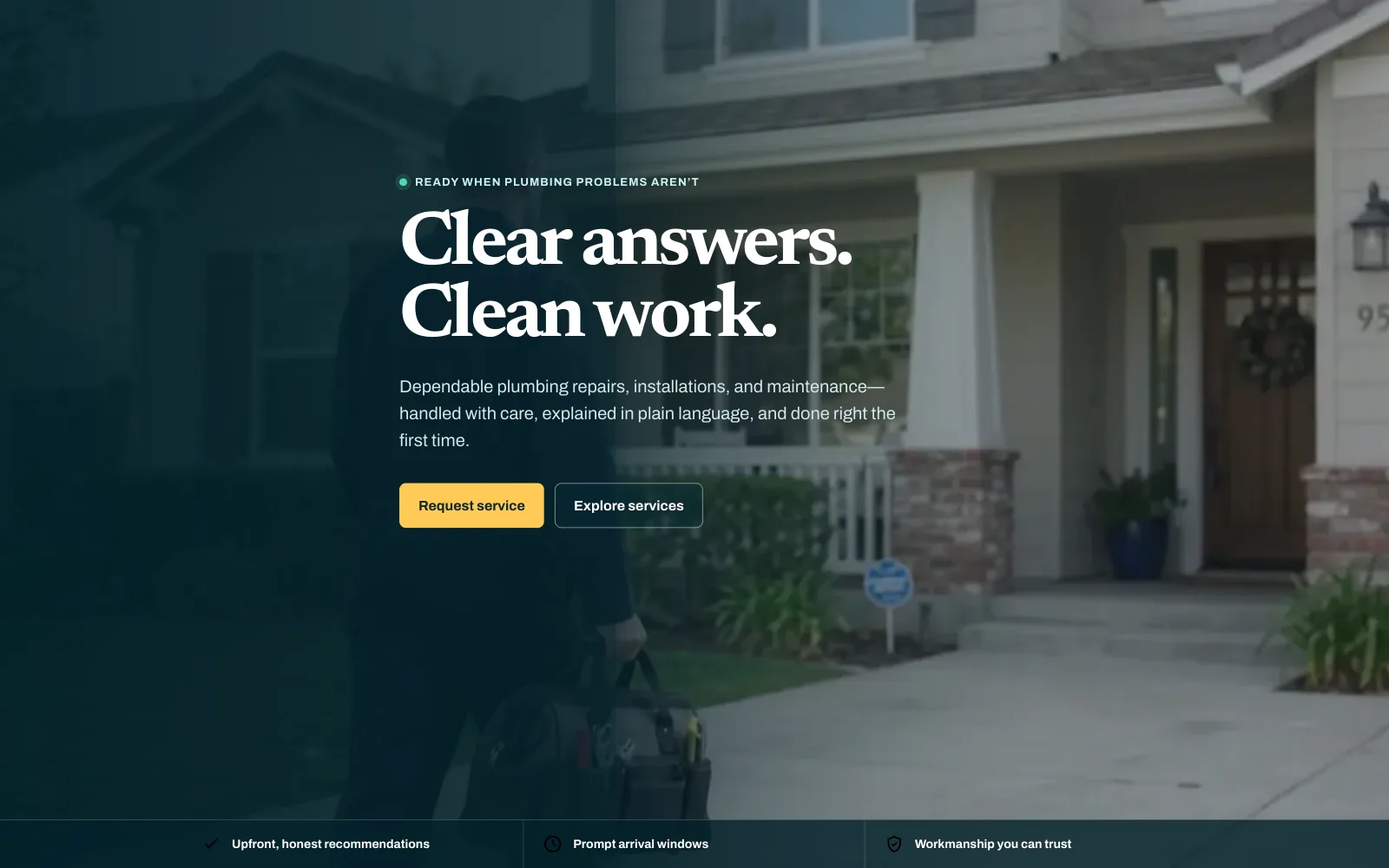 ClearFlow Plumbing demo homepage header — “Clear answers. Clean work.”
