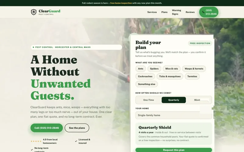ClearGuard Pest Control demo homepage header — “A Home Without Unwanted Guests.”