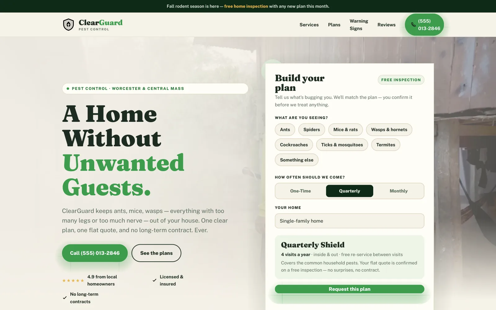ClearGuard Pest Control demo homepage header — “A Home Without Unwanted Guests.”