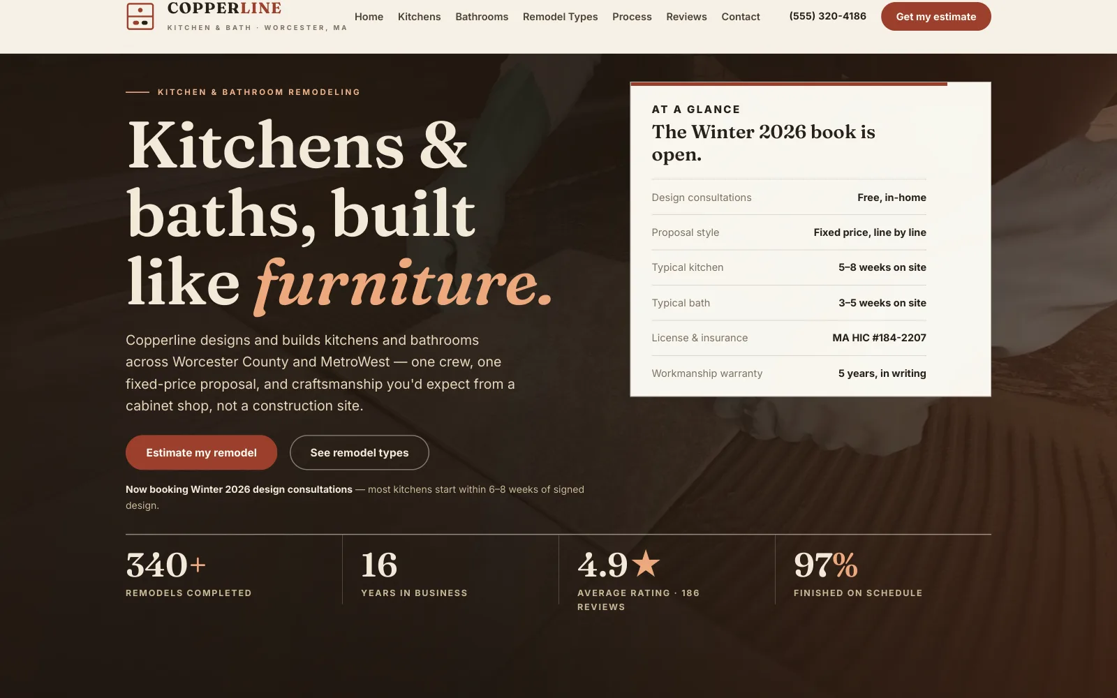 Copperline Kitchen & Bath demo homepage header — “Kitchens and baths, built like furniture.”