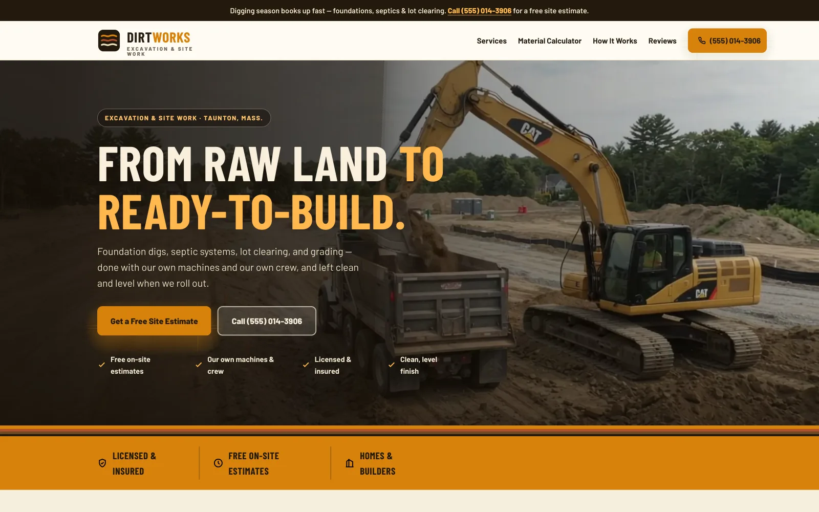 DirtWorks Excavation & Site Work demo homepage header — “From raw land to ready-to-build.”