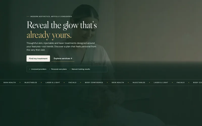 Élan Aesthetics demo homepage header — “Reveal the glow that’s already yours.”