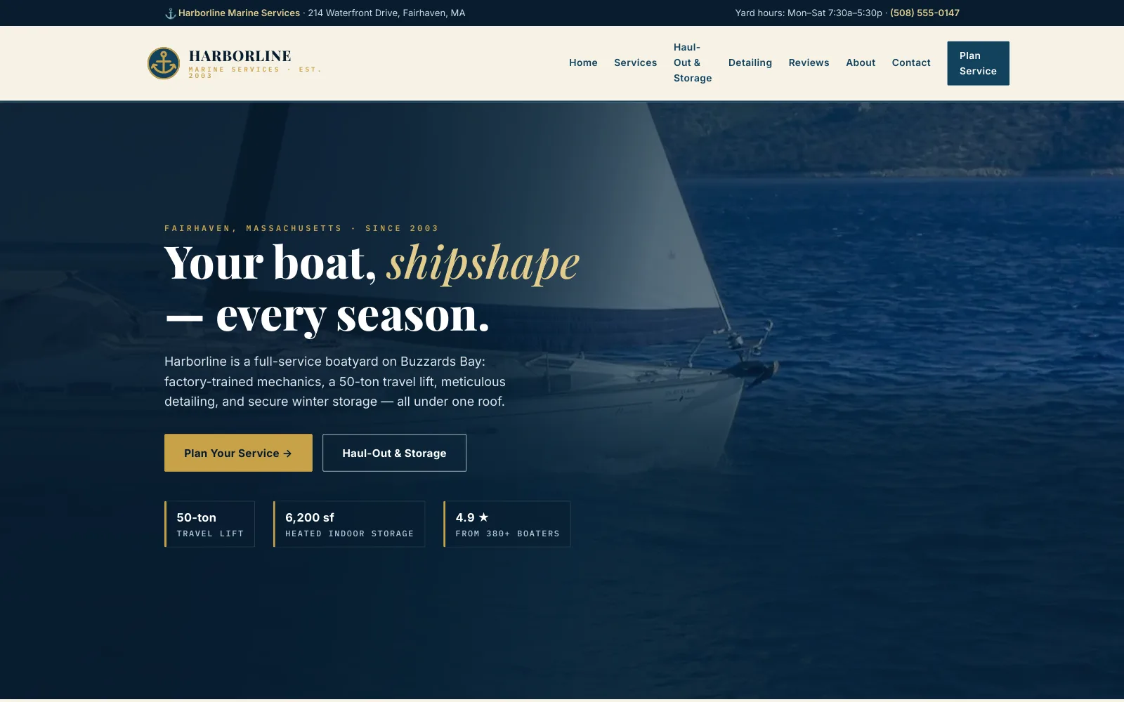 Harborline Marine Services demo homepage header — “Your boat, shipshape — every season.”
