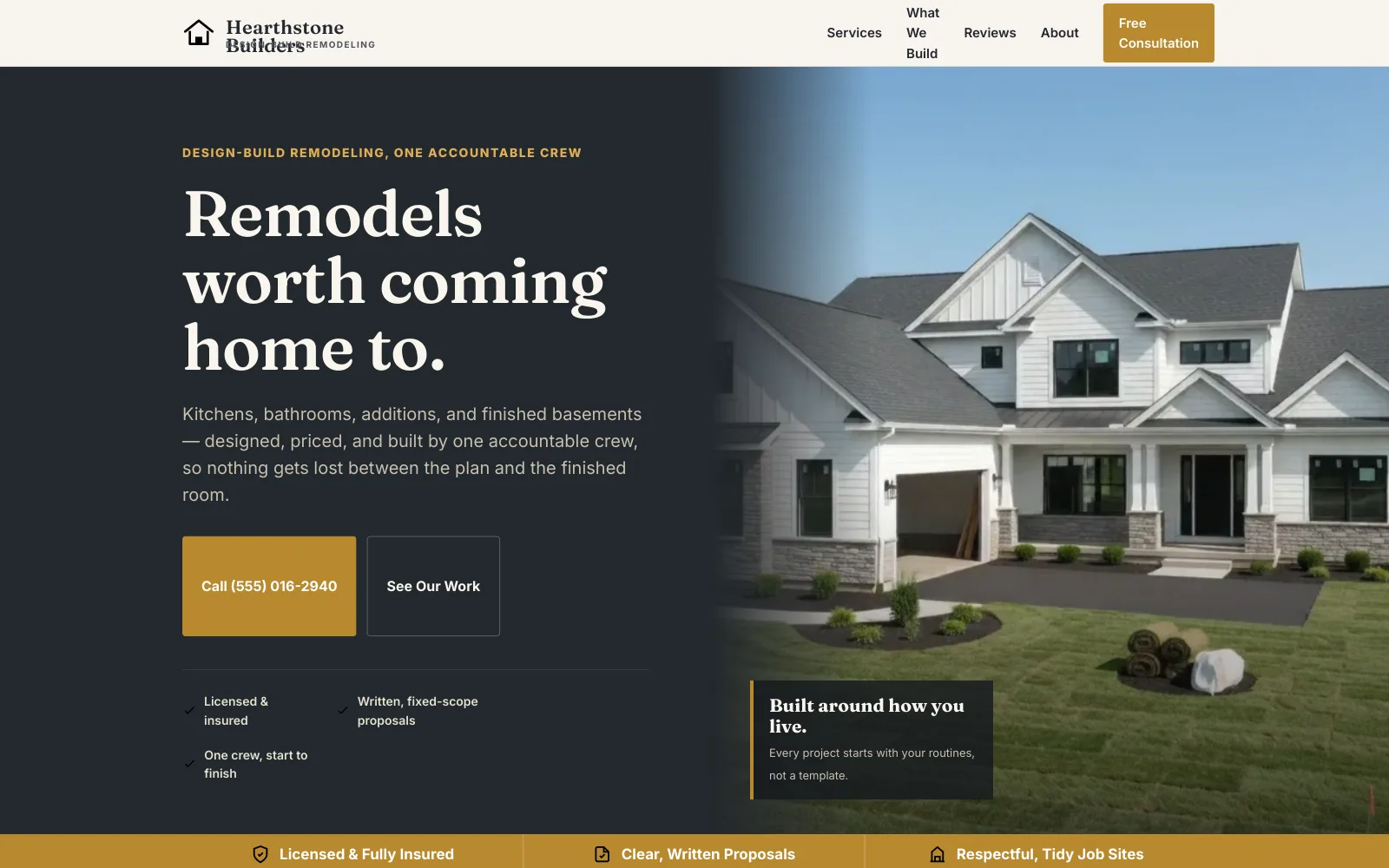Hearthstone Builders demo homepage header — “Remodels worth coming home to.”