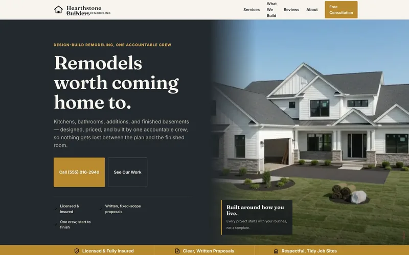 Hearthstone Builders demo homepage header — “Remodels worth coming home to.”