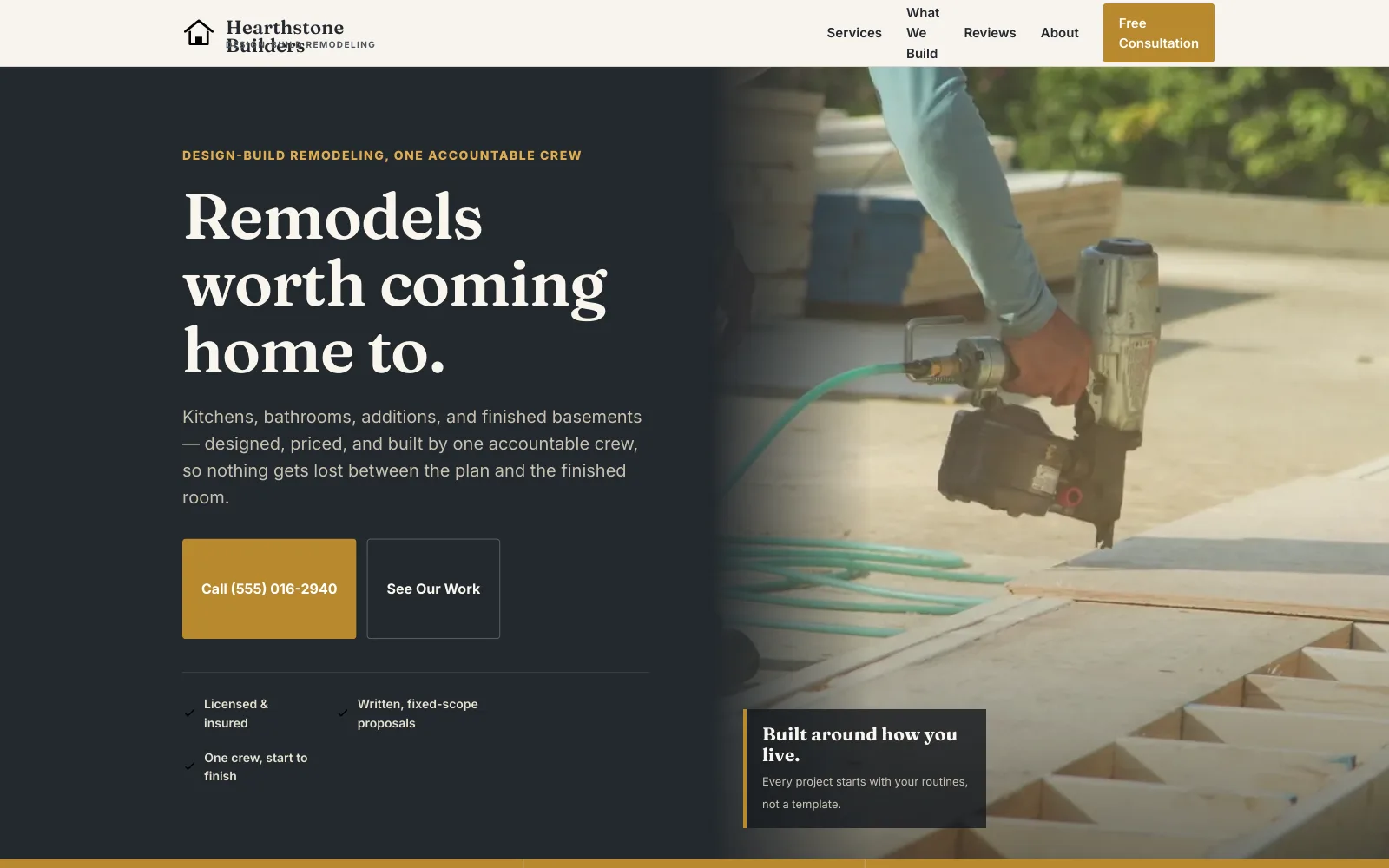 Hearthstone Builders demo homepage header — “Remodels worth coming home to.”