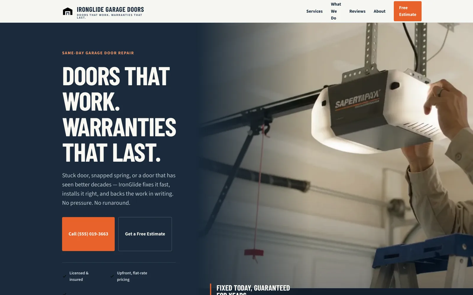 IronGlide Garage Doors demo homepage header — “Doors That Work. Warranties That Last.”