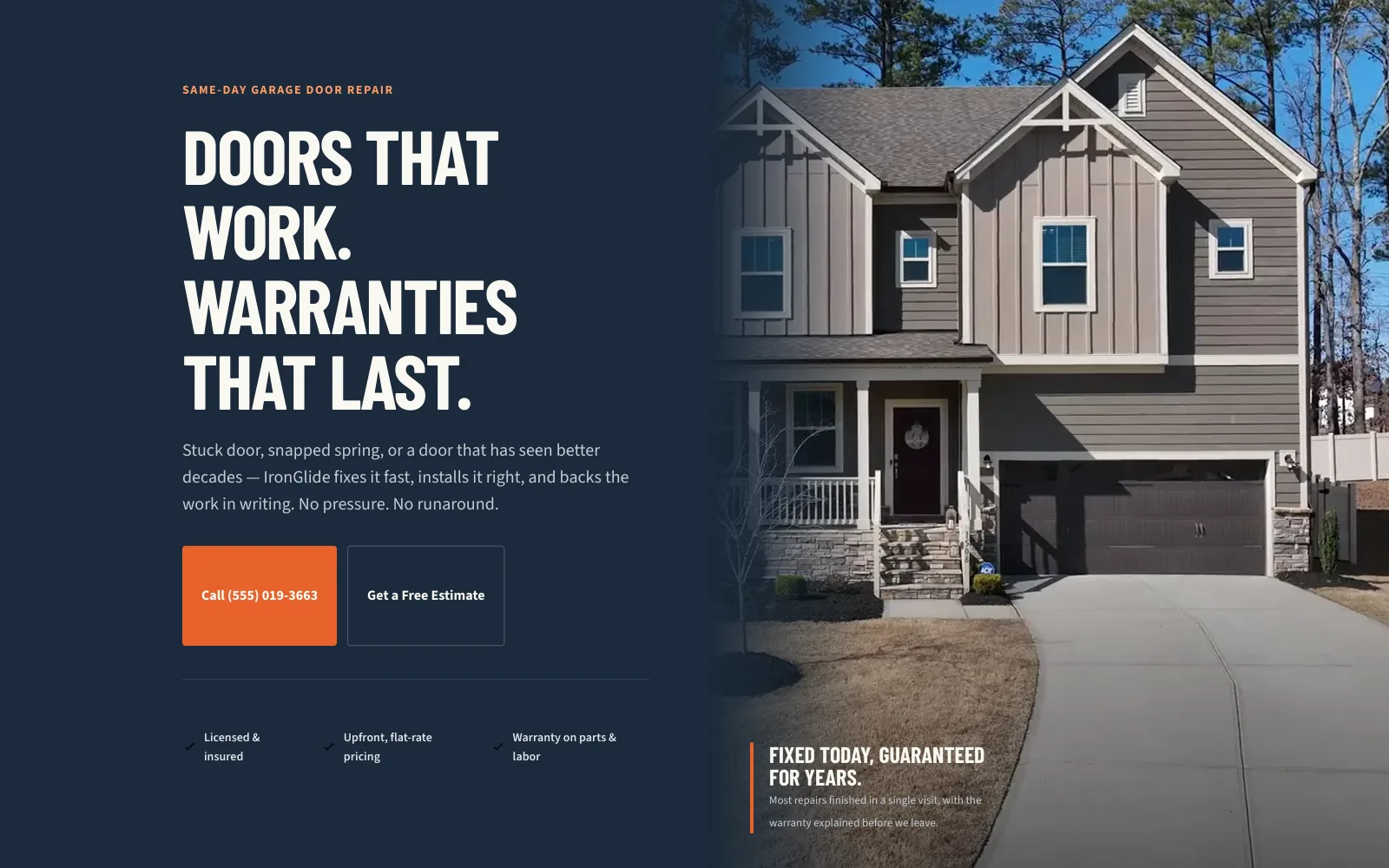 IronGlide Garage Doors demo homepage header — “Doors That Work. Warranties That Last.”