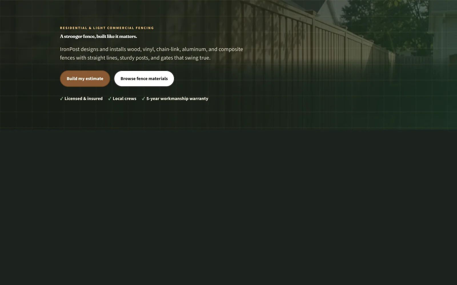 IronPost Fence Co. demo homepage header — “A stronger fence, built like it matters.”