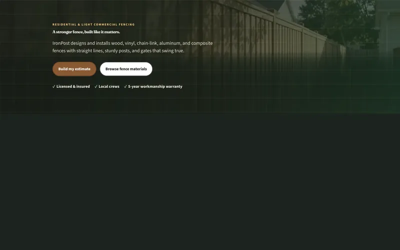 IronPost Fence Co. demo homepage header — “A stronger fence, built like it matters.”