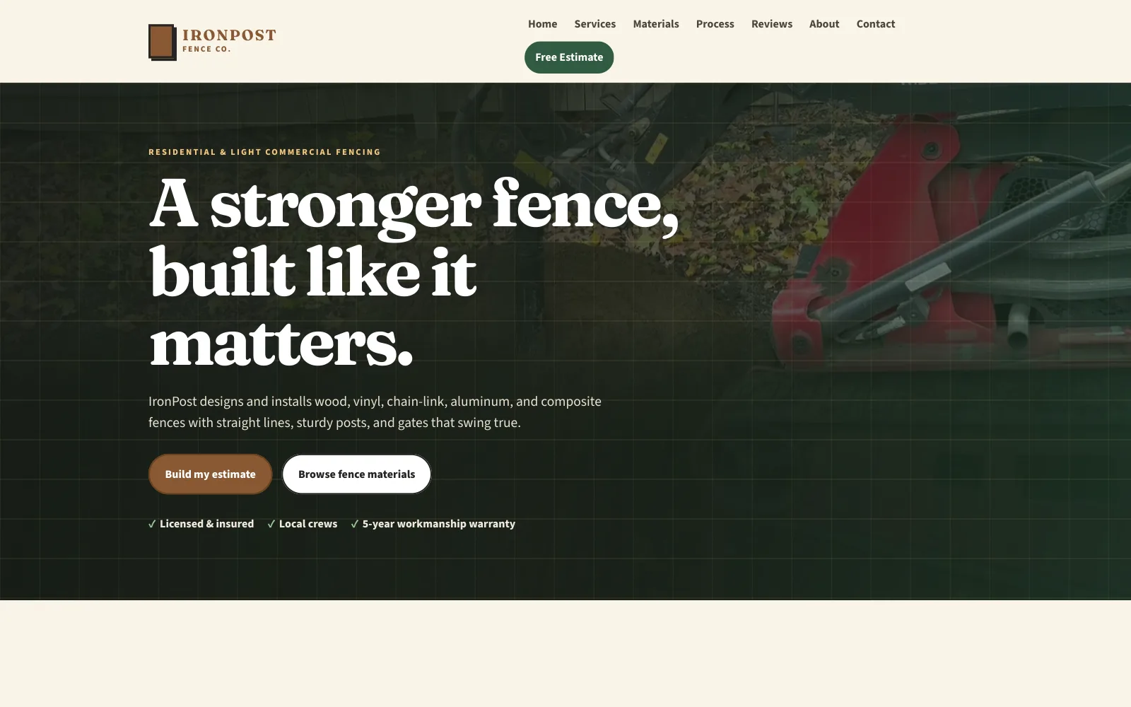 IronPost Fence Co. demo homepage header — “A stronger fence, built like it matters.”