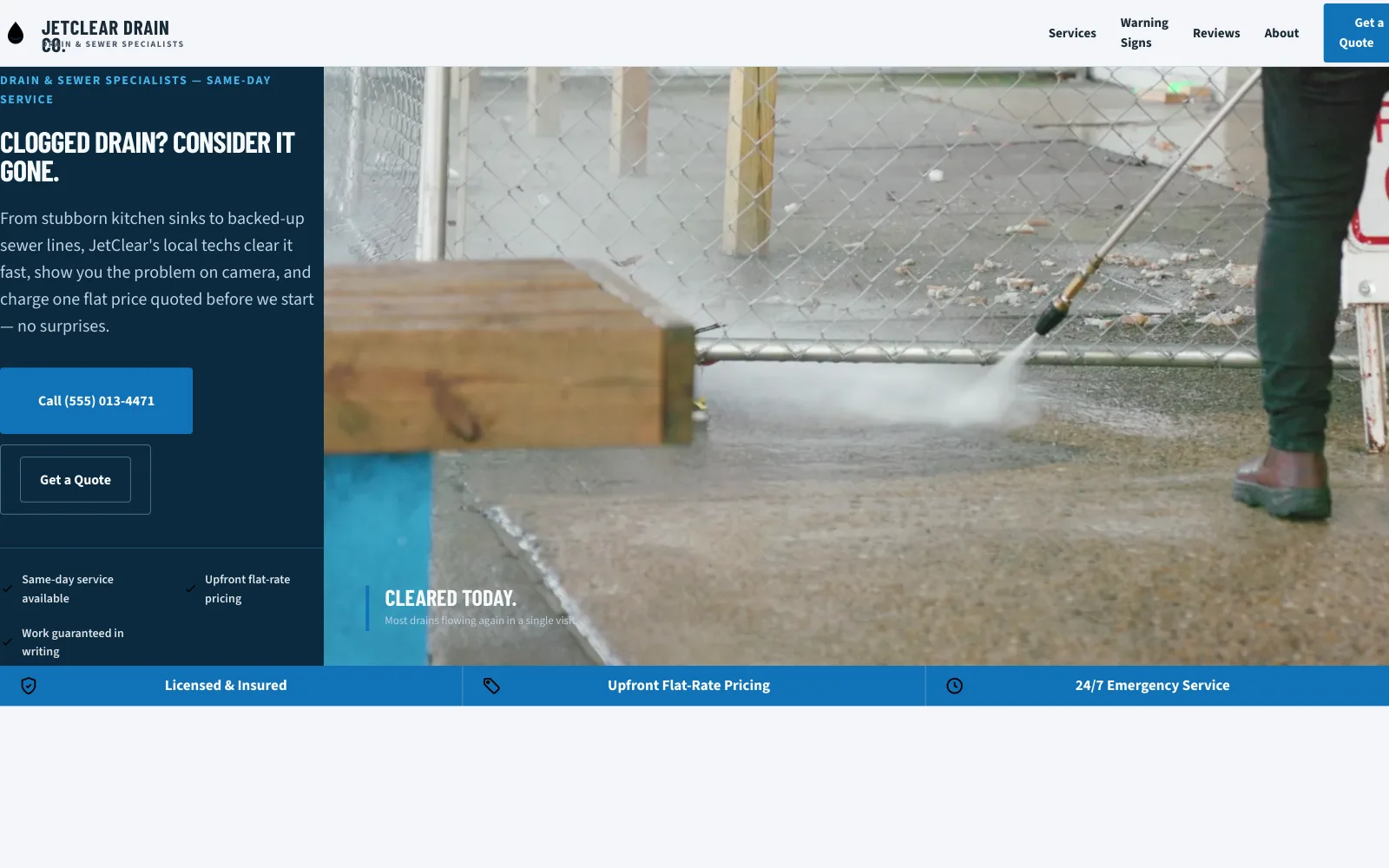 JetClear Drain Co. demo homepage header — “Clogged Drain? Consider It Gone.”