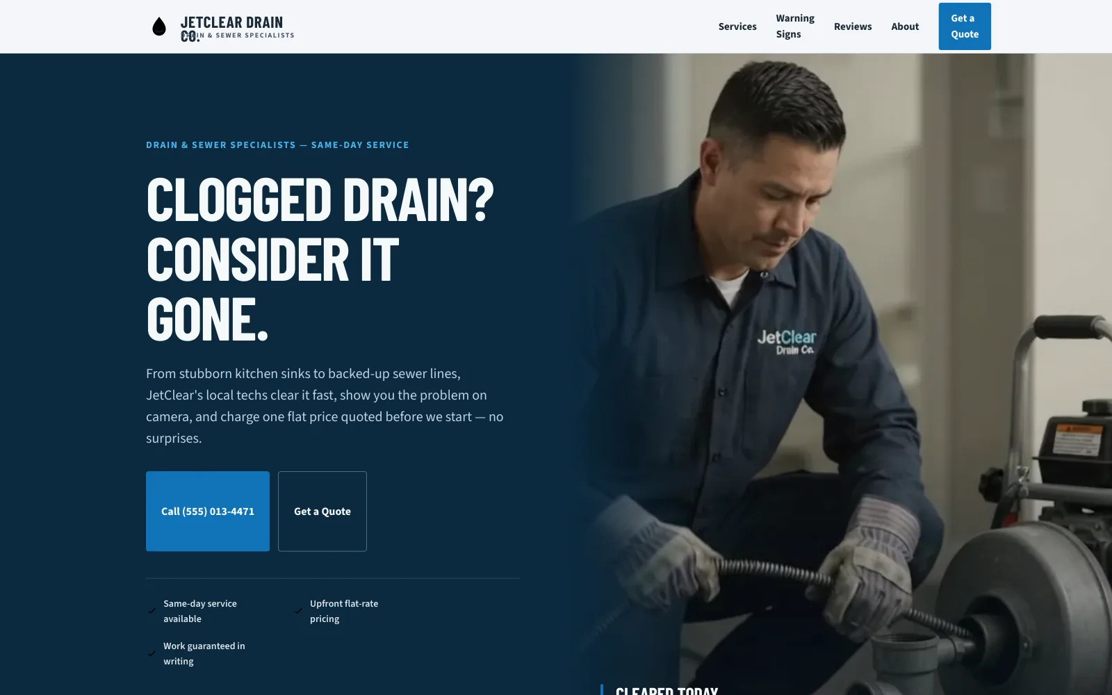JetClear Drain Co. demo homepage header — “Clogged Drain? Consider It Gone.”