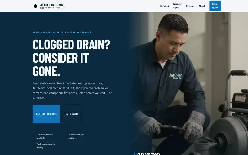 JetClear Drain Co. demo homepage header — “Clogged Drain? Consider It Gone.”