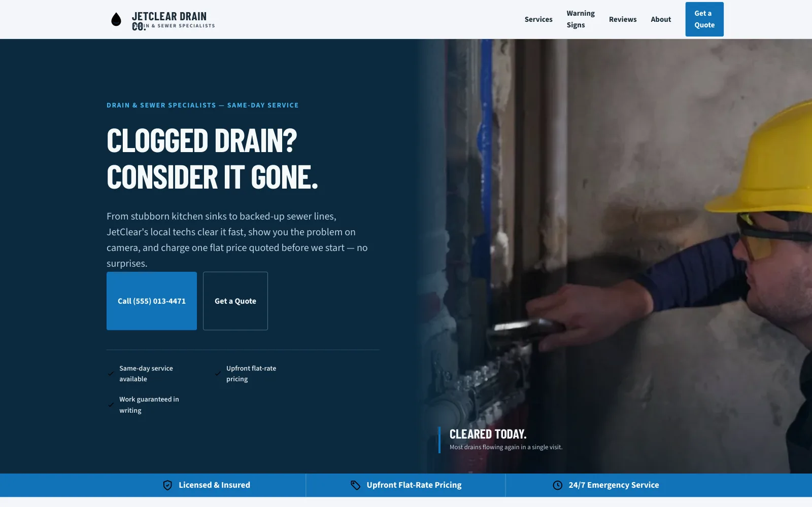 JetClear Drain Co. demo homepage header — “Clogged Drain? Consider It Gone.”