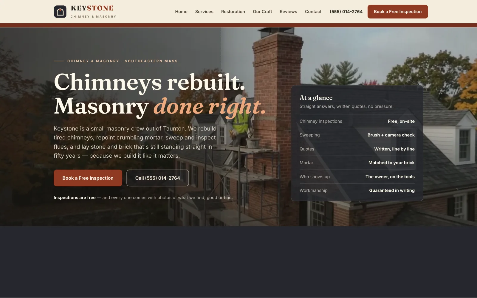 Keystone Chimney & Masonry demo homepage header — “Chimneys rebuilt. Masonry done right.”