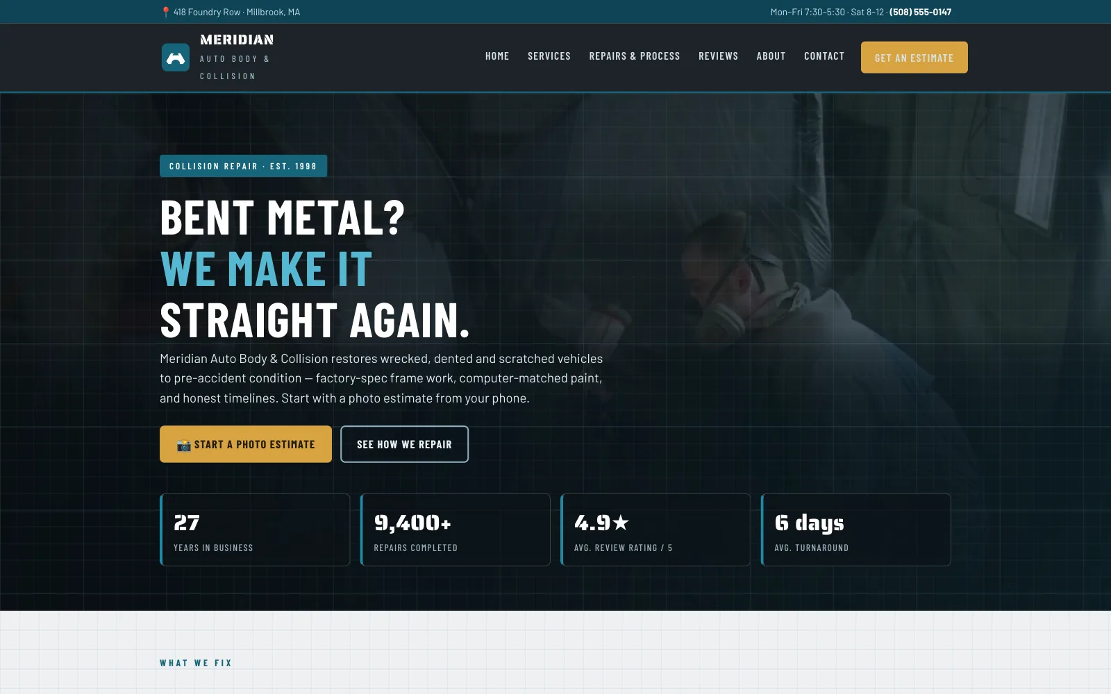 Meridian Auto Body & Collision demo homepage header — “Bent metal? We make it straight again.”