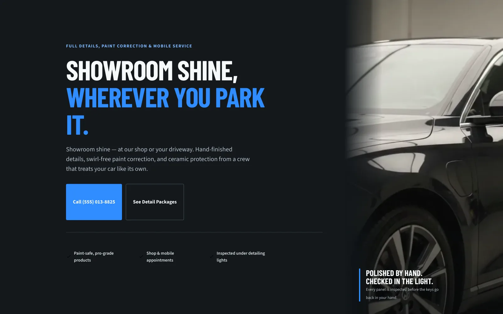 MirrorFinish Detailing demo homepage header — “Showroom Shine, Wherever You Park It.”