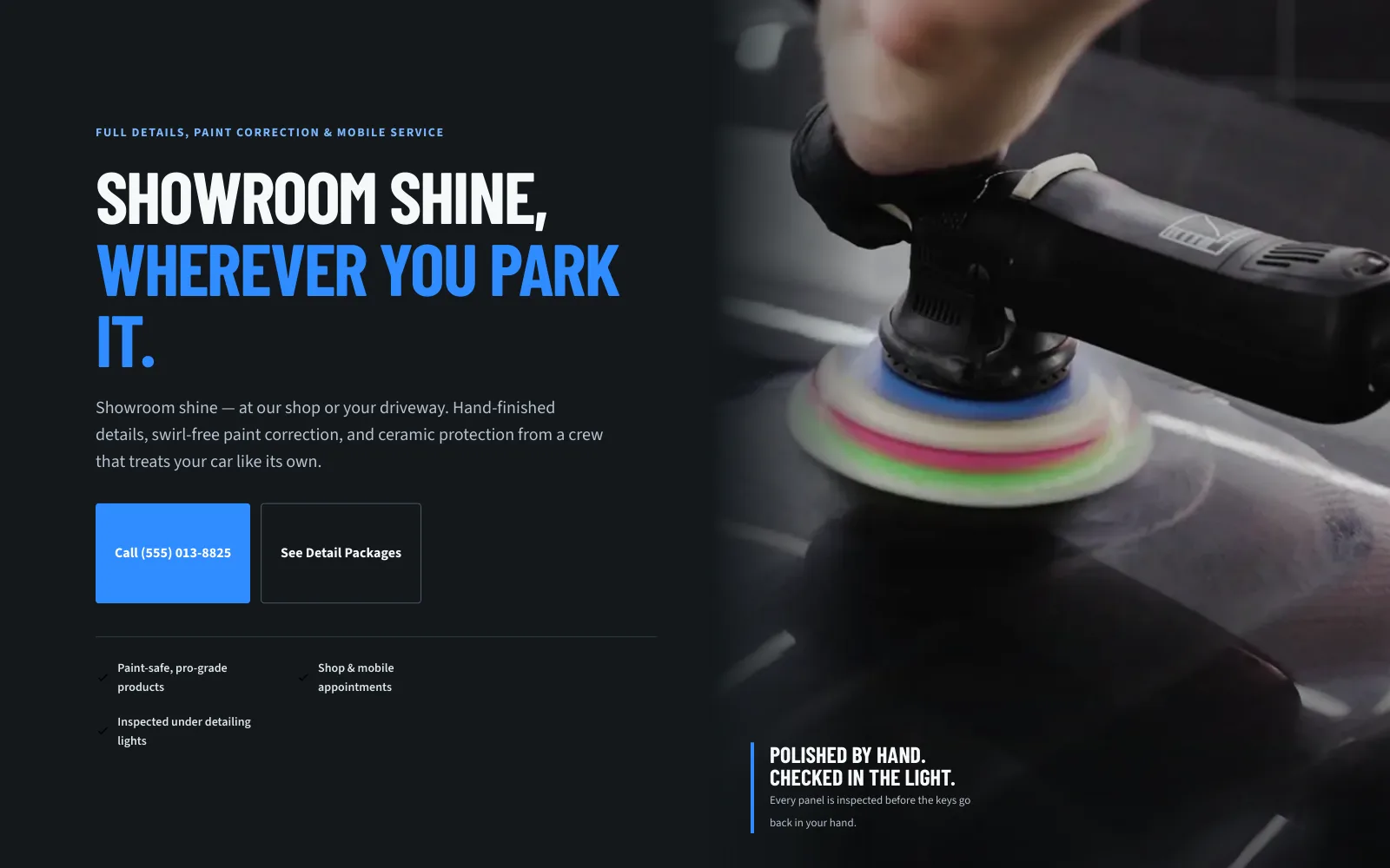 MirrorFinish Detailing demo homepage header — “Showroom Shine, Wherever You Park It.”