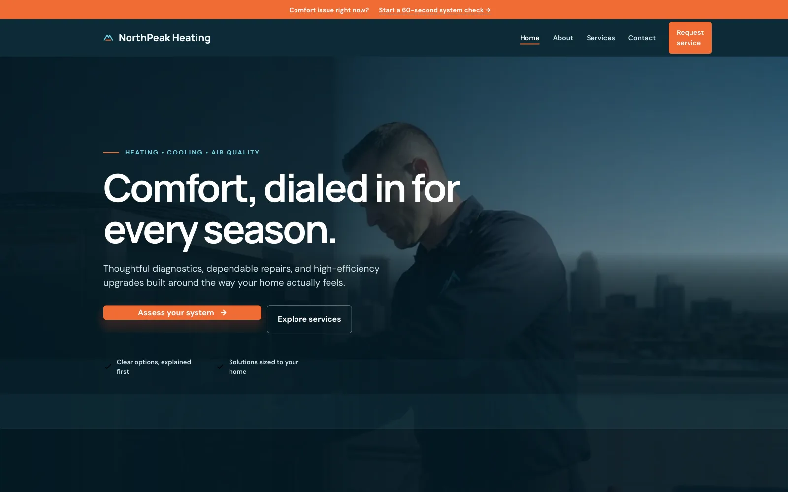 NorthPeak Heating demo homepage header — “Comfort, dialed in for every season.”