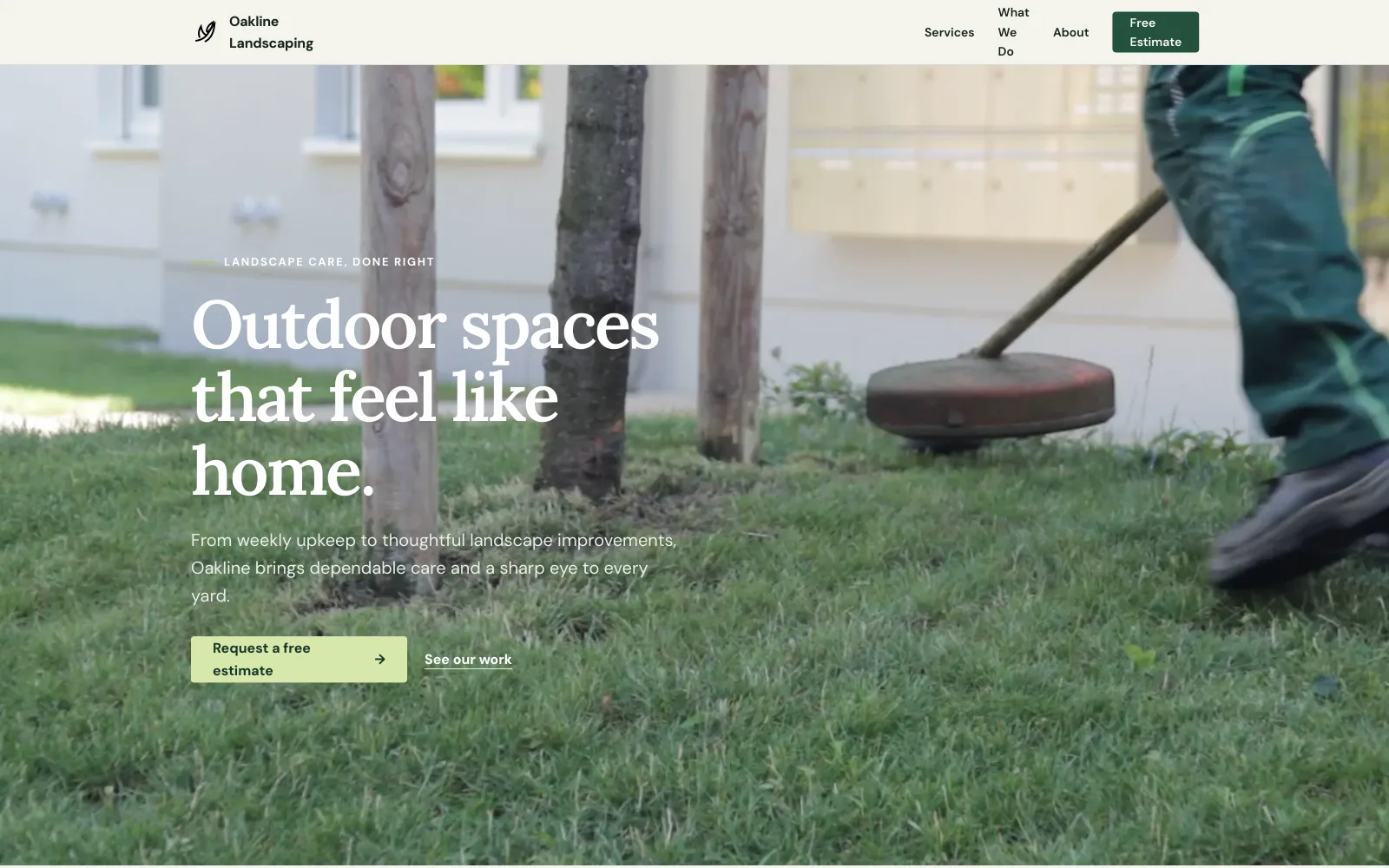 Oakline Landscaping Essential demo homepage header — “Outdoor spaces that feel like home.”
