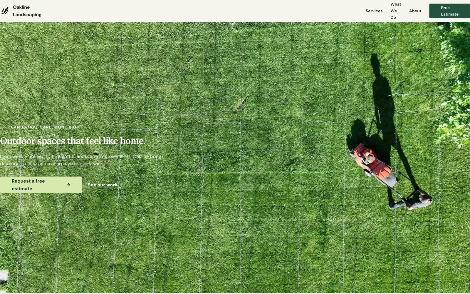 Oakline Landscaping Essential demo homepage header — “Outdoor spaces that feel like home.”