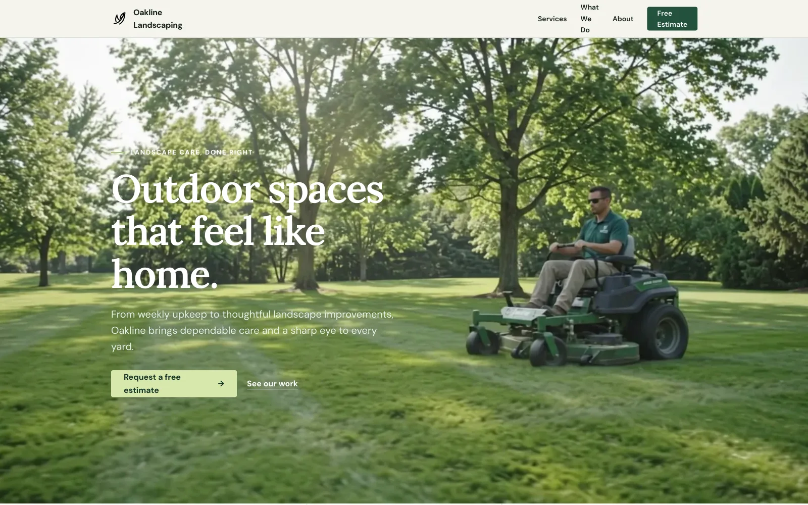 Oakline Landscaping Essential demo homepage header — “Outdoor spaces that feel like home.”