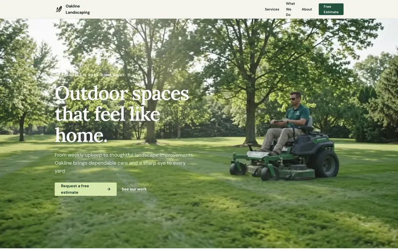 Oakline Landscaping Essential demo homepage header — “Outdoor spaces that feel like home.”