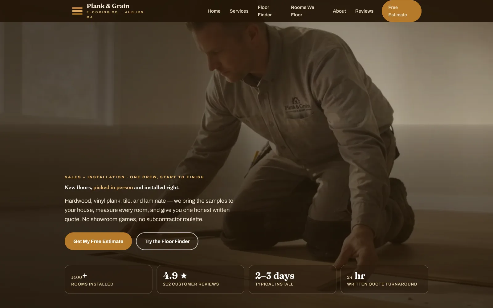 Plank & Grain Flooring demo homepage header — “New floors, picked in person and installed right.”