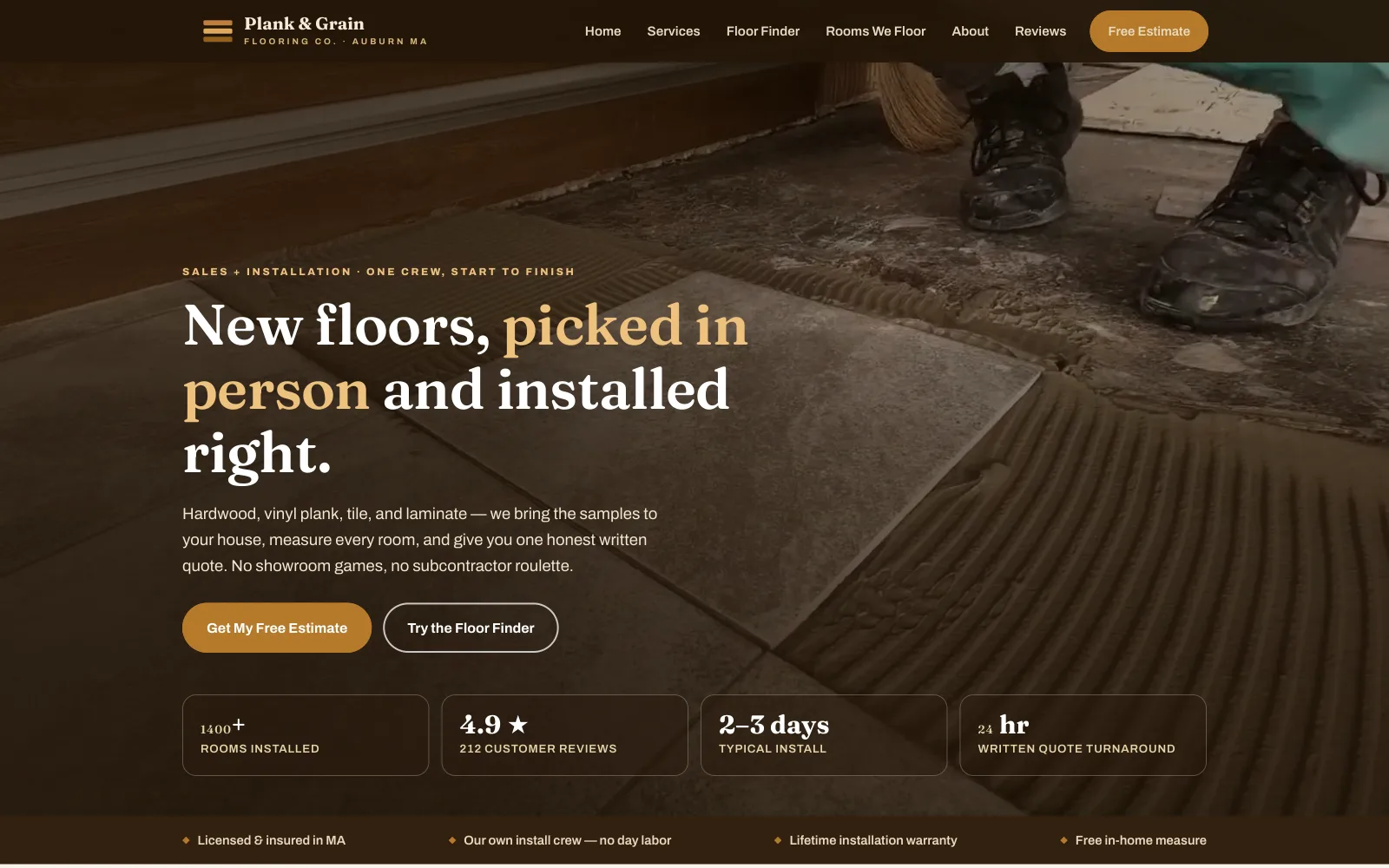 Plank & Grain Flooring demo homepage header — “New floors, picked in person and installed right.”