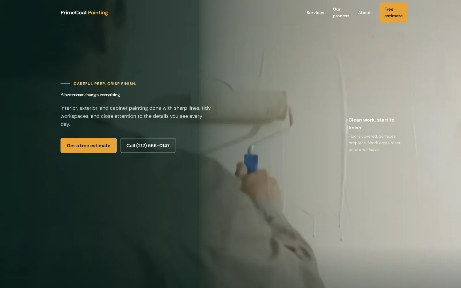 PrimeCoat Painting demo homepage header — “A better coat changes everything.”