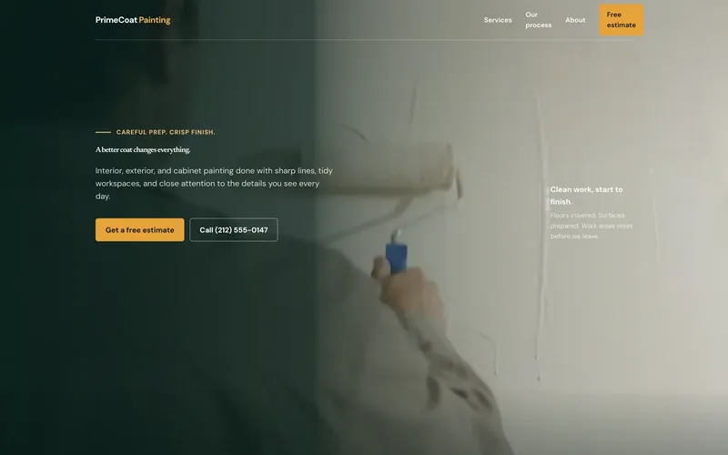 PrimeCoat Painting demo homepage header — “A better coat changes everything.”