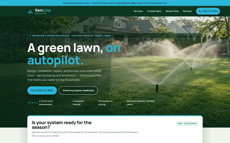 RainLine Irrigation demo homepage header — “A Green Lawn, on Autopilot.”