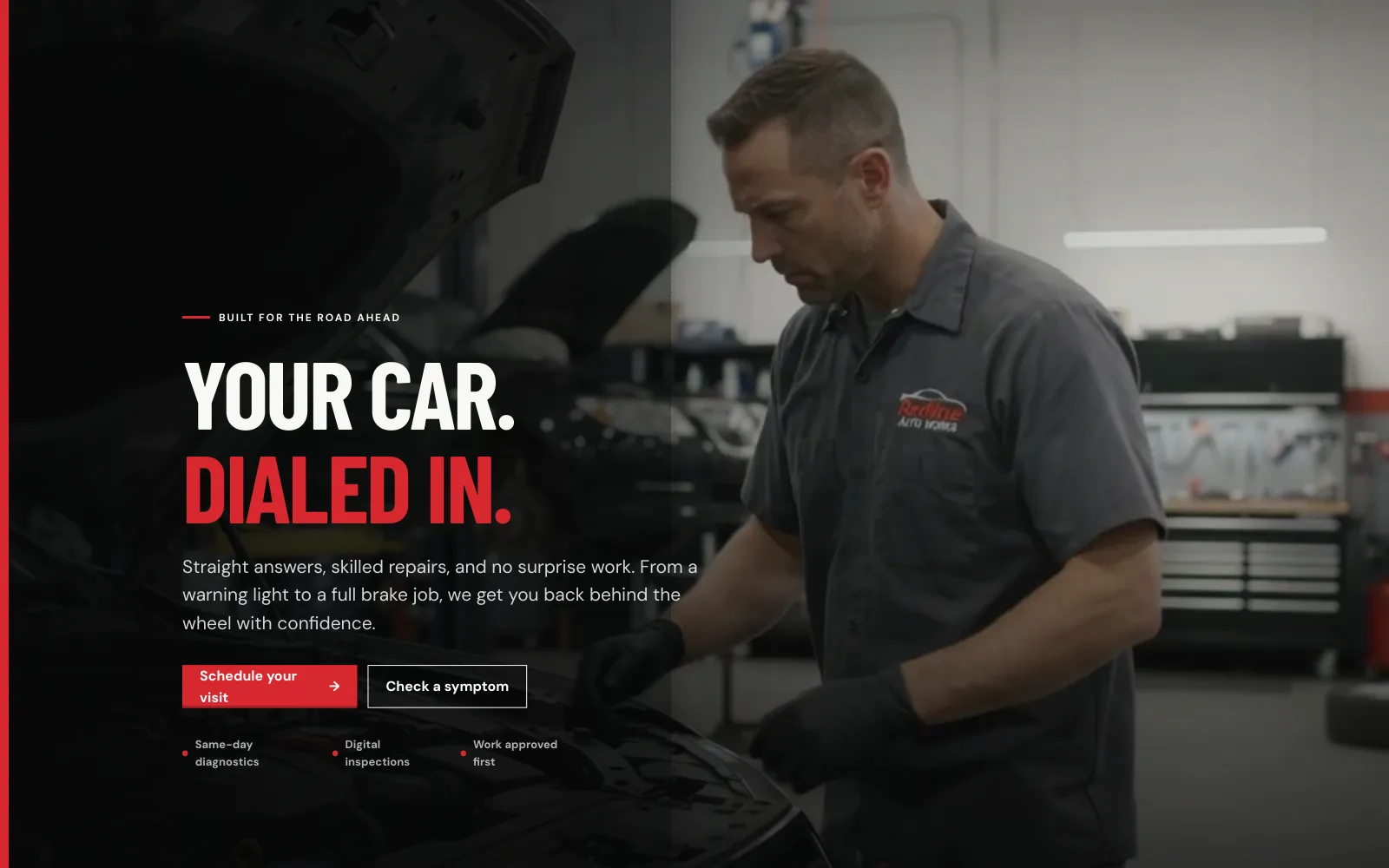 Redline Auto Works demo homepage header — “Your Car. Dialed In.”