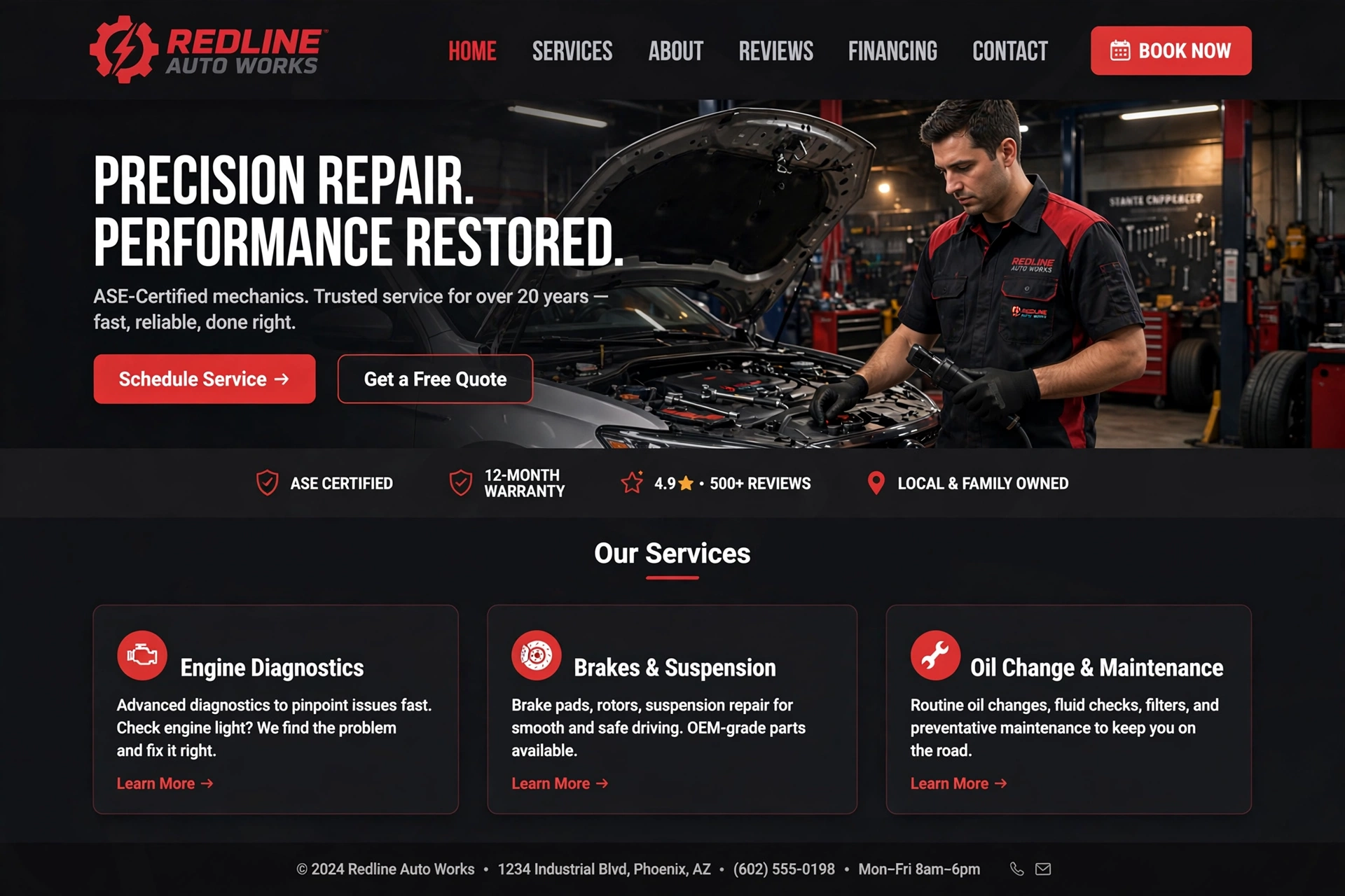 Automotive website concept for Redline Auto Works