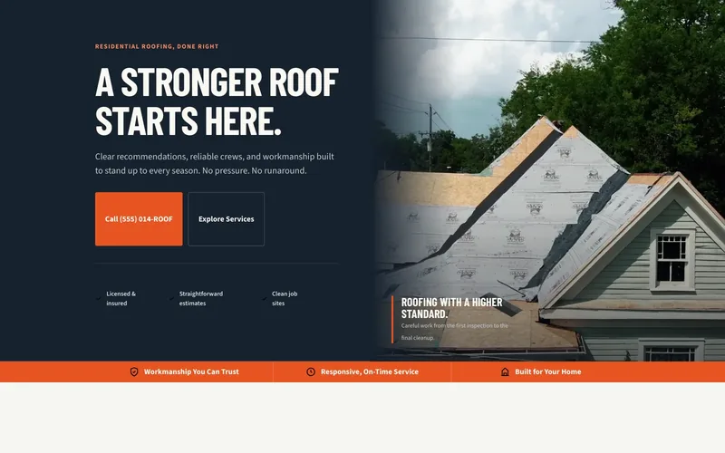 Ridgeline Roofing demo homepage header — “A Stronger Roof Starts Here.”