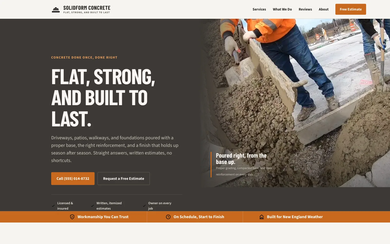 SolidForm Concrete demo homepage header — “Flat, Strong, and Built to Last.”