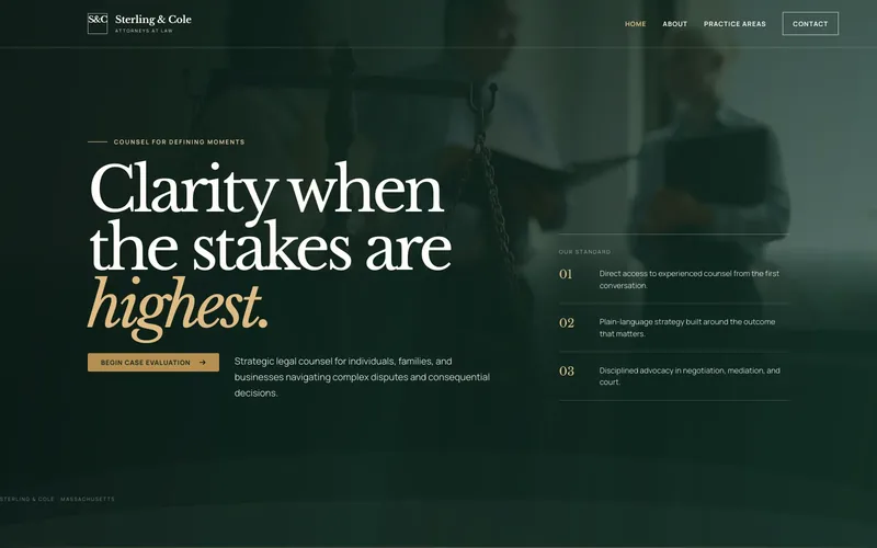 Sterling & Cole Law demo homepage header — “Clarity when the stakes are highest.”